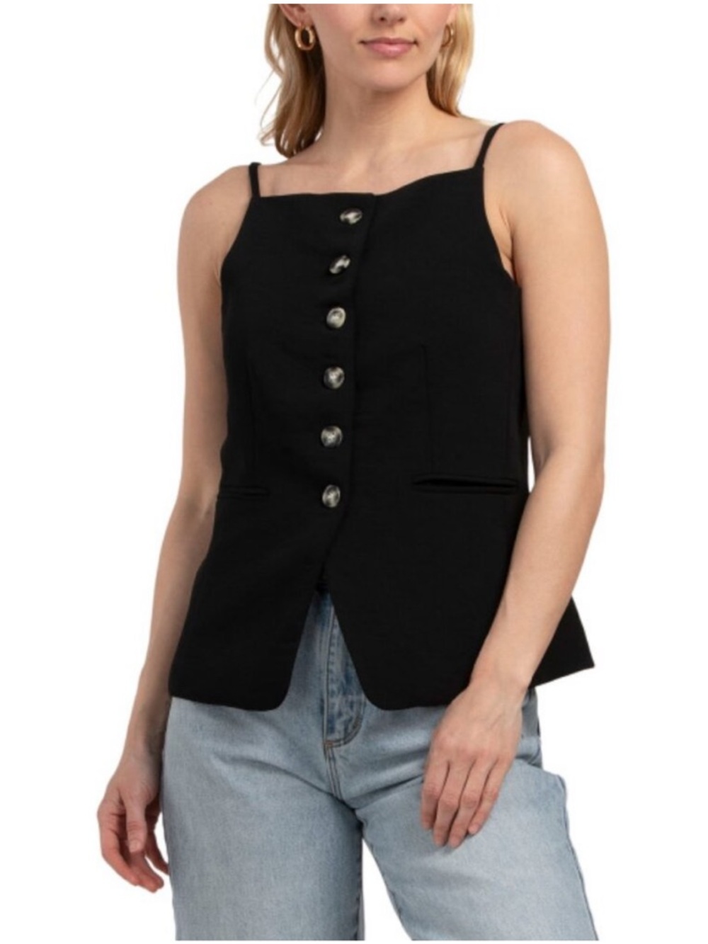 Christian Lacroix Black Button-Front Spaghetti Strap Top